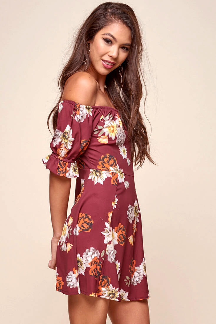 Hera Off the Shoulder Fit and Flare Floral Dress Red by Selfie Leslie