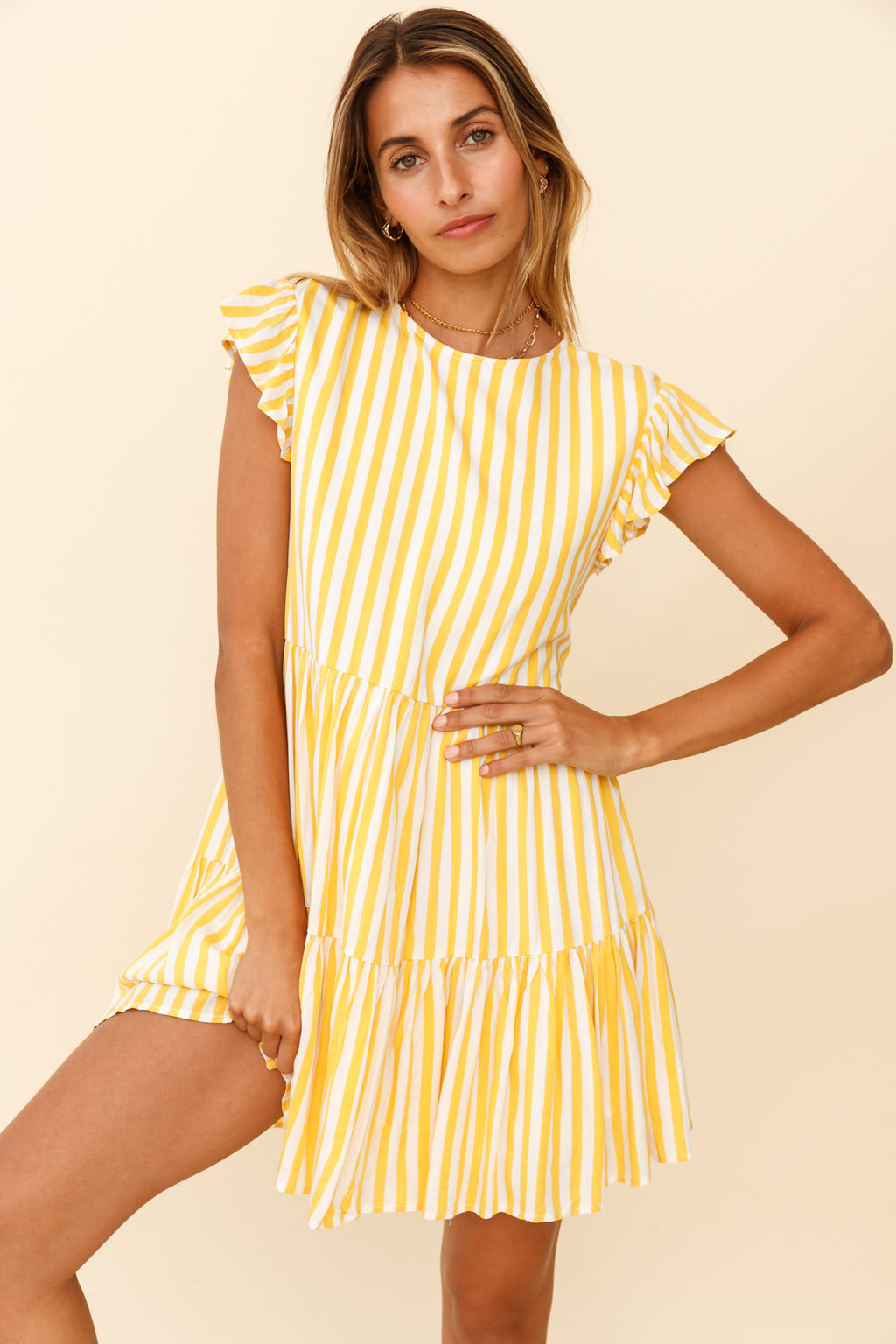 Louise Cap Sleeve Shift Dress Yellow Stripe by Selfie Leslie
