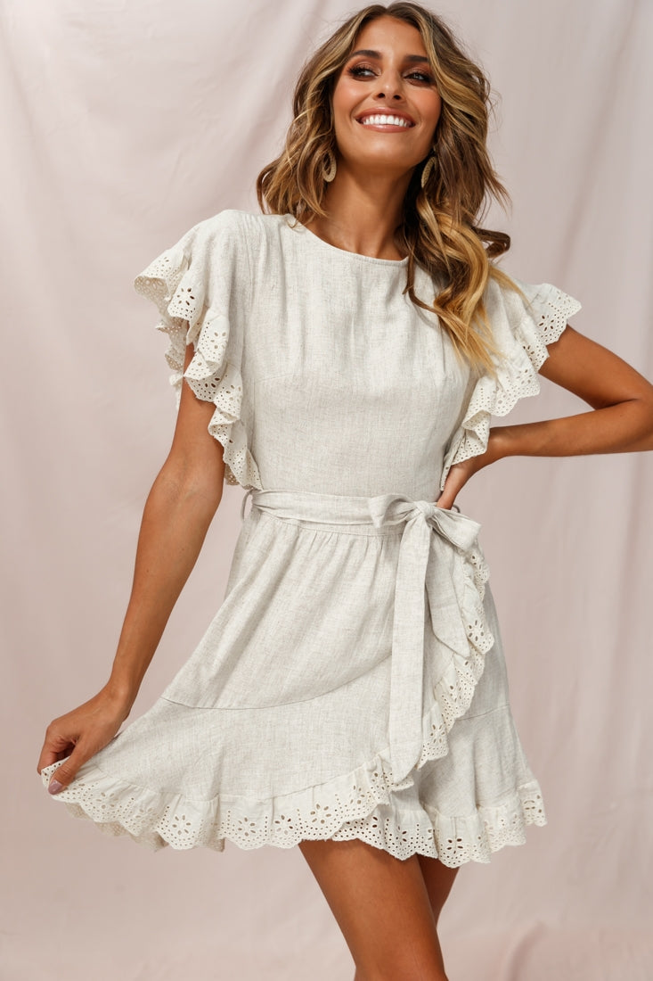 Taya Ruffle Shoulder Waist Tie Dress Beige by Selfie Leslie
