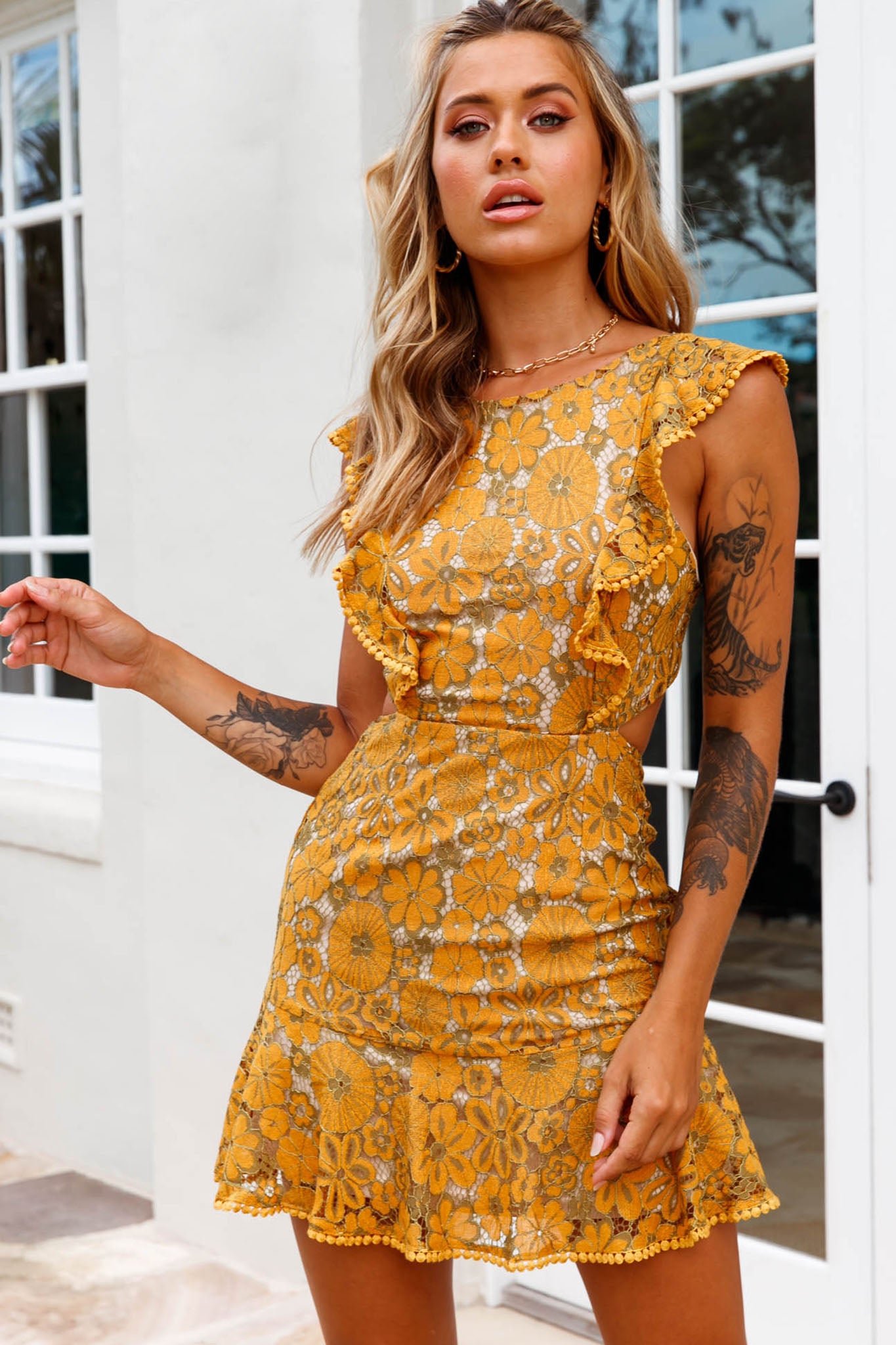 Jackie Pinafore Floral Lace Dress Mustard/Olive by Selfie Leslie