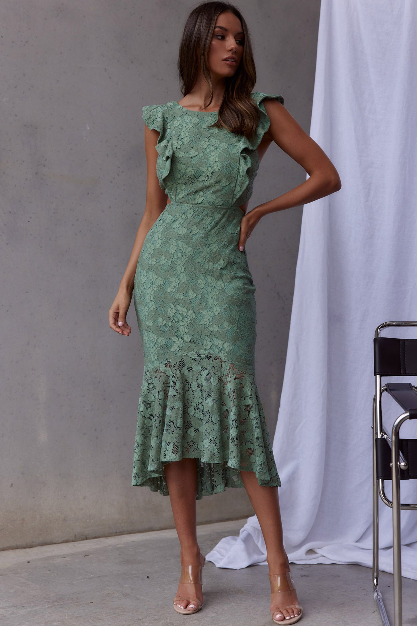 Shop the Jackie Pinafore Floral Lace Dress Avocado | Selfie Leslie
