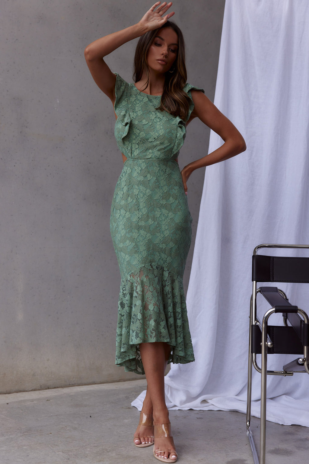Jackie Pinafore Floral Lace Dress Avocado by Selfie Leslie
