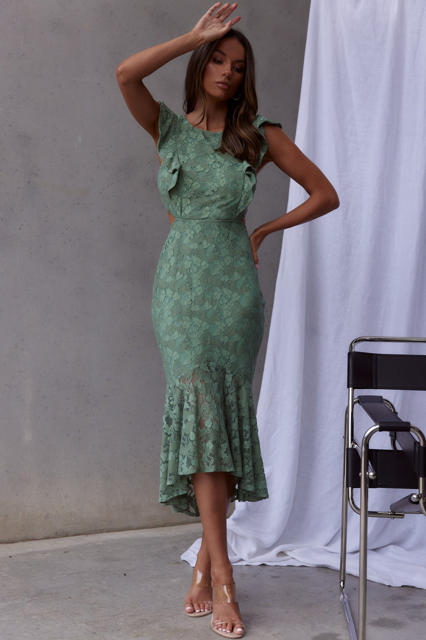 Jackie Pinafore Floral Lace Dress Avocado by Selfie Leslie
