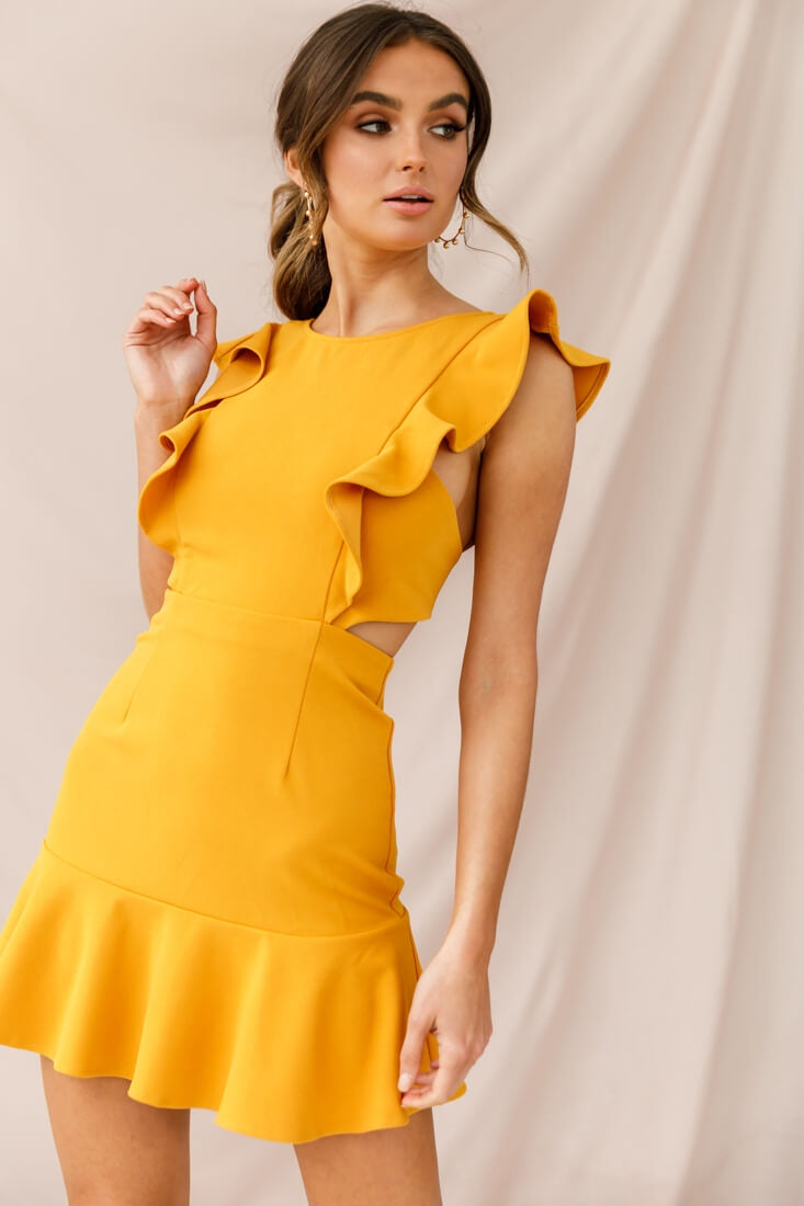 Jackie Wide Ruffle Hem Pinafore Dress Mustard by Selfie Leslie
