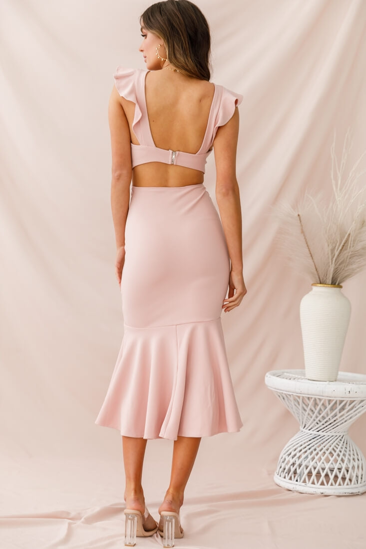 Jackie Wide Ruffle Hem Pinafore Midi Dress Blush by Selfie Leslie