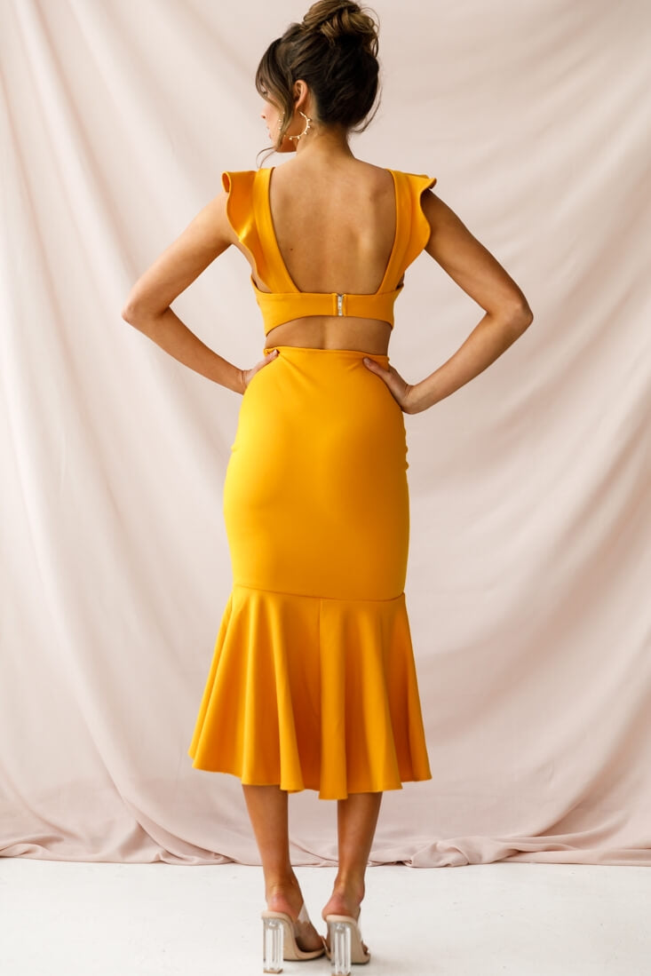 Jackie Wide Ruffle Hem Pinafore Midi Dress Mustard by Selfie Leslie