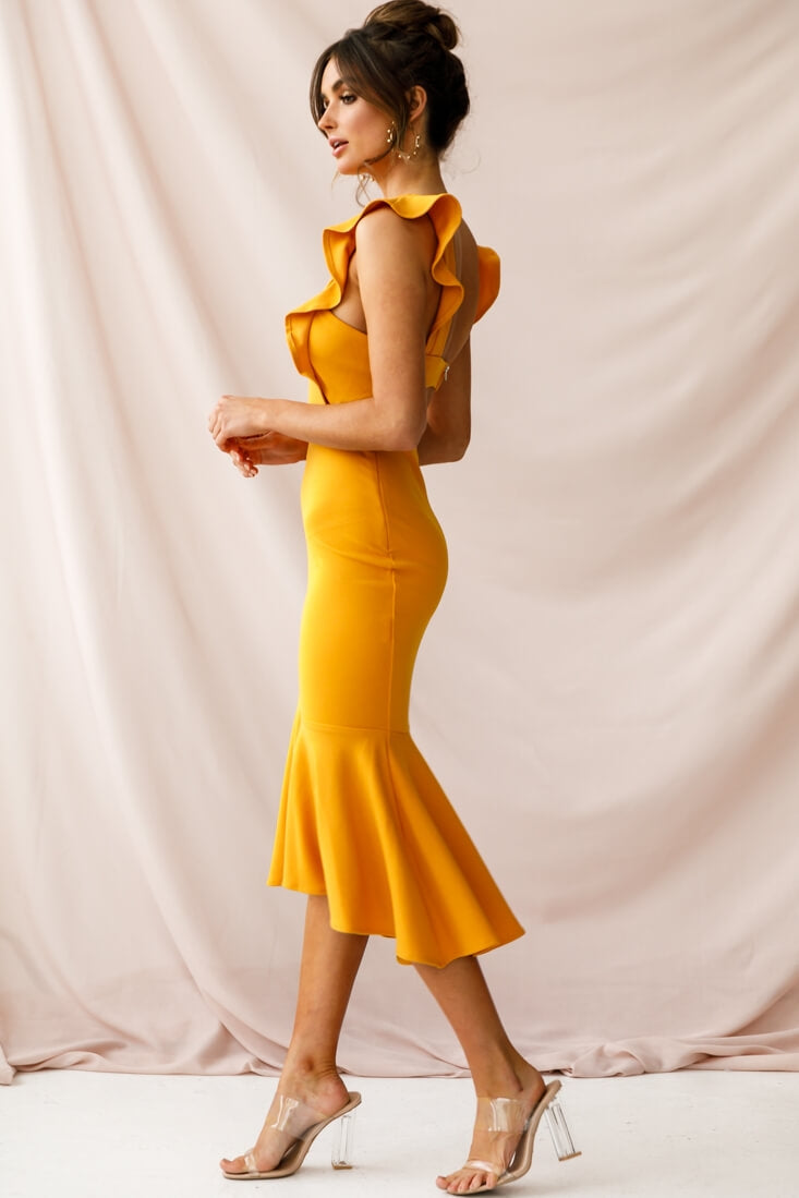 Jackie Wide Ruffle Hem Pinafore Midi Dress Mustard by Selfie Leslie