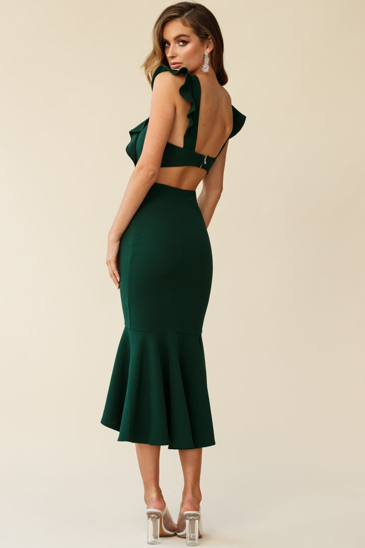 Jackie Wide Ruffle Hem Pinafore Midi Dress Forest Green by Selfie Leslie