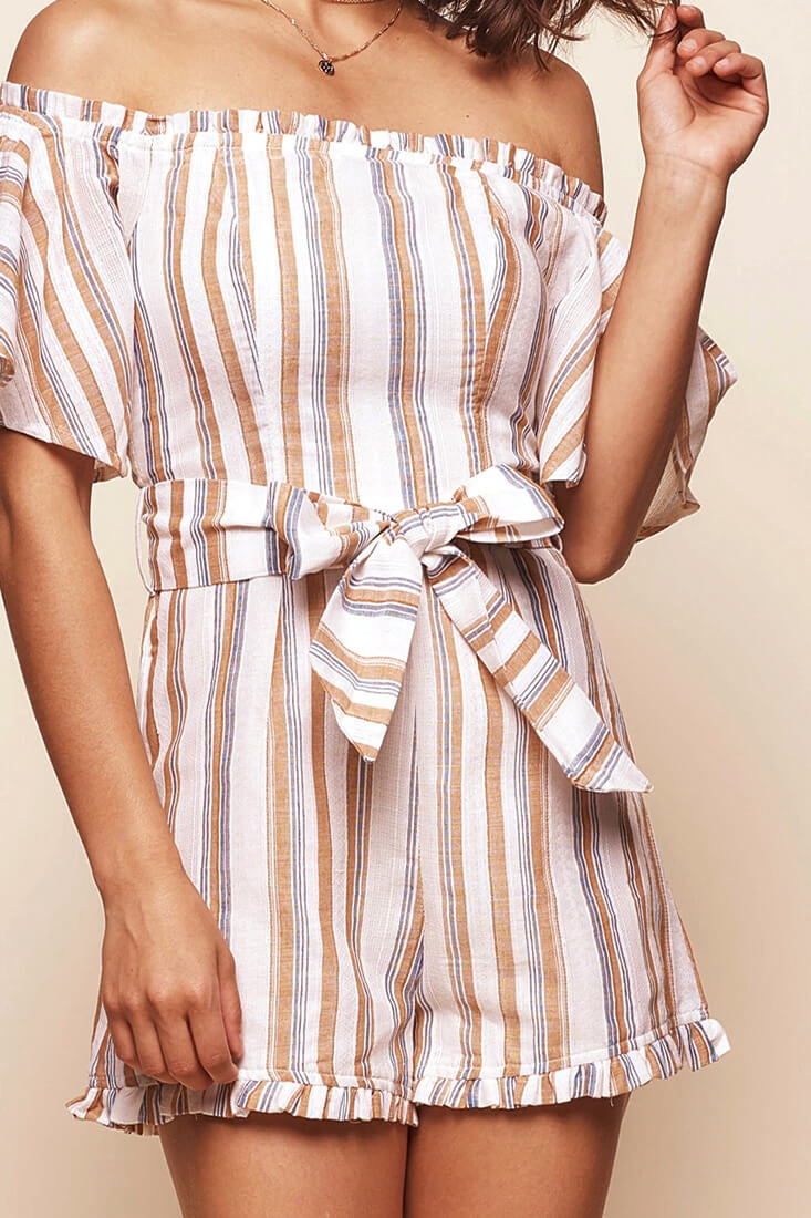 Terri Bardot Neckline Waist Tie Romper Blue/Tan by Selfie Leslie