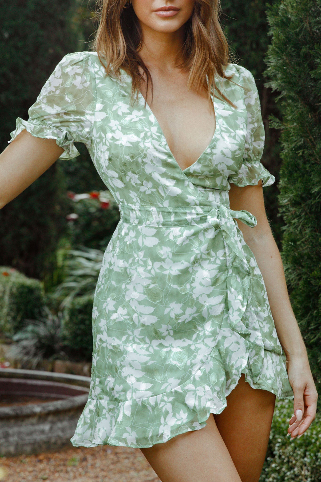 Abigail Wrap Front Puff Sleeve Dress Floral Print Avocado Multi by Selfie Leslie