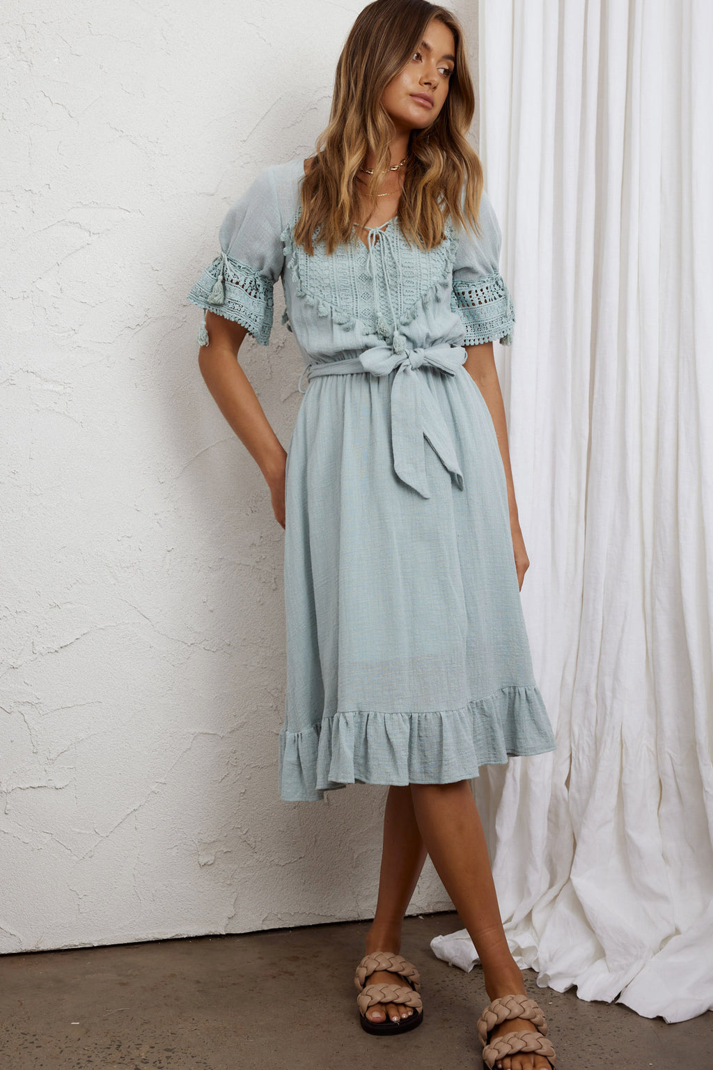Jada Short Sleeve Crochet Tassel Midi Dress Sage by Selfie Leslie