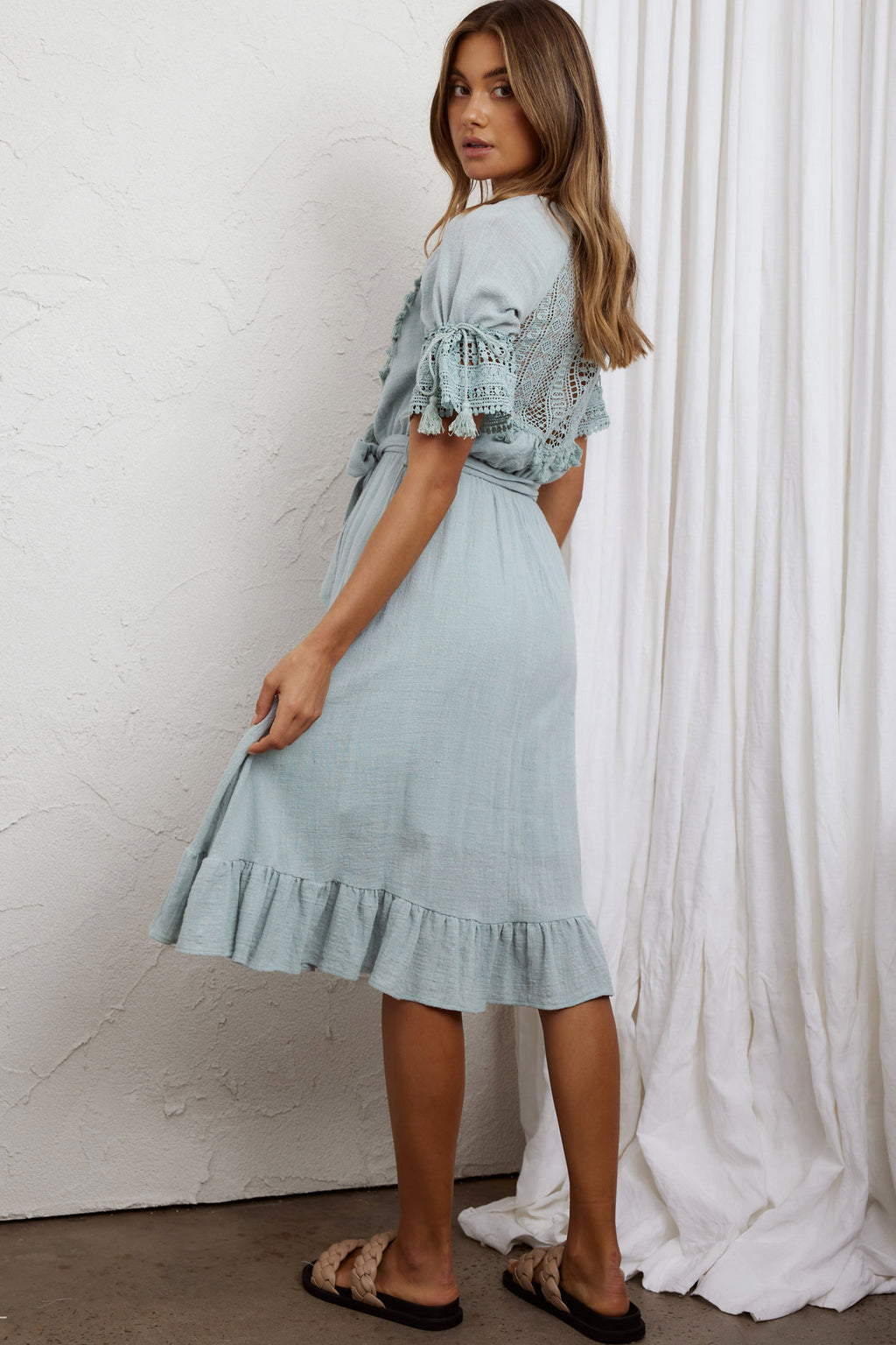 Jada Short Sleeve Crochet Tassel Midi Dress Sage by Selfie Leslie