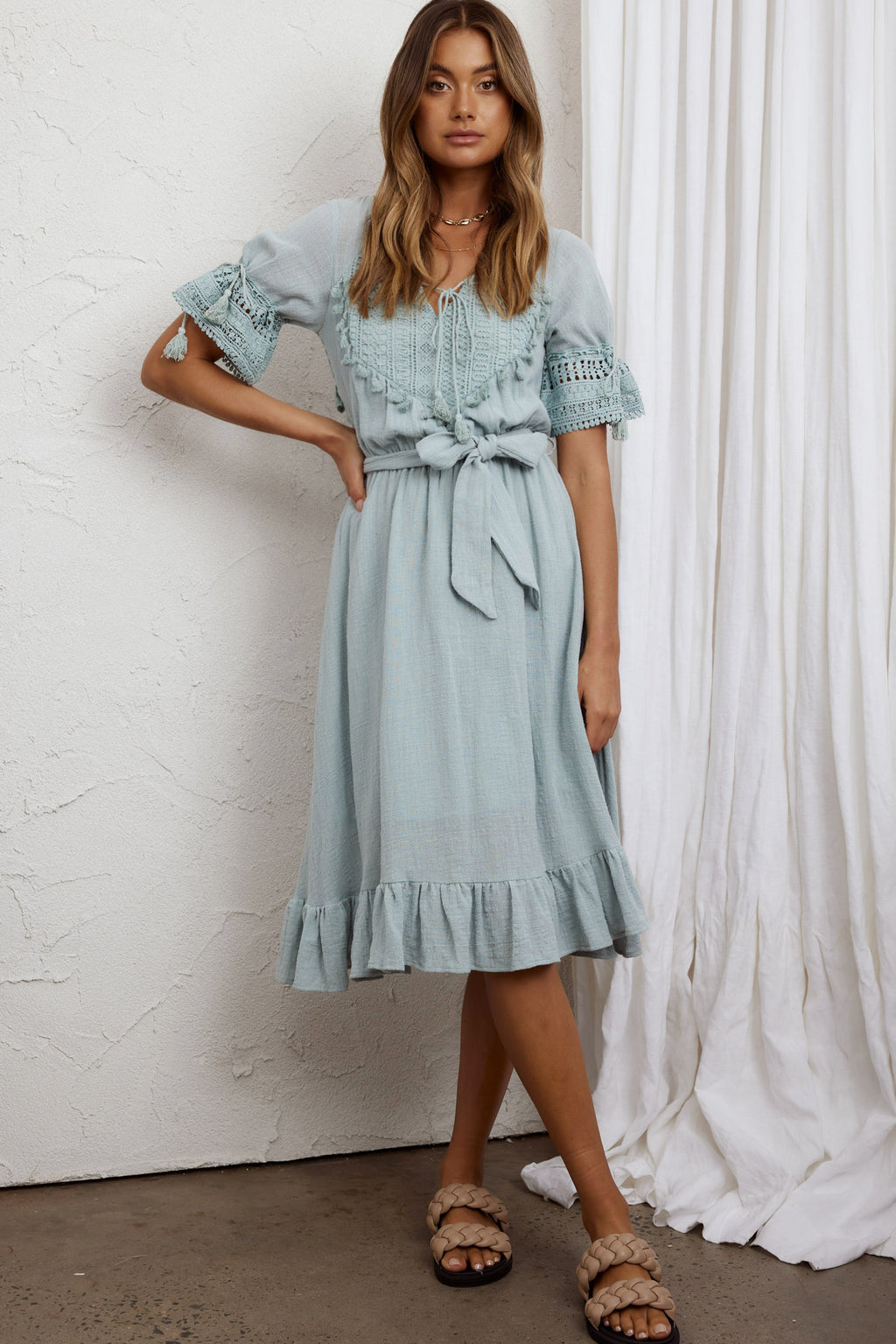 Jada Short Sleeve Crochet Tassel Midi Dress Sage by Selfie Leslie