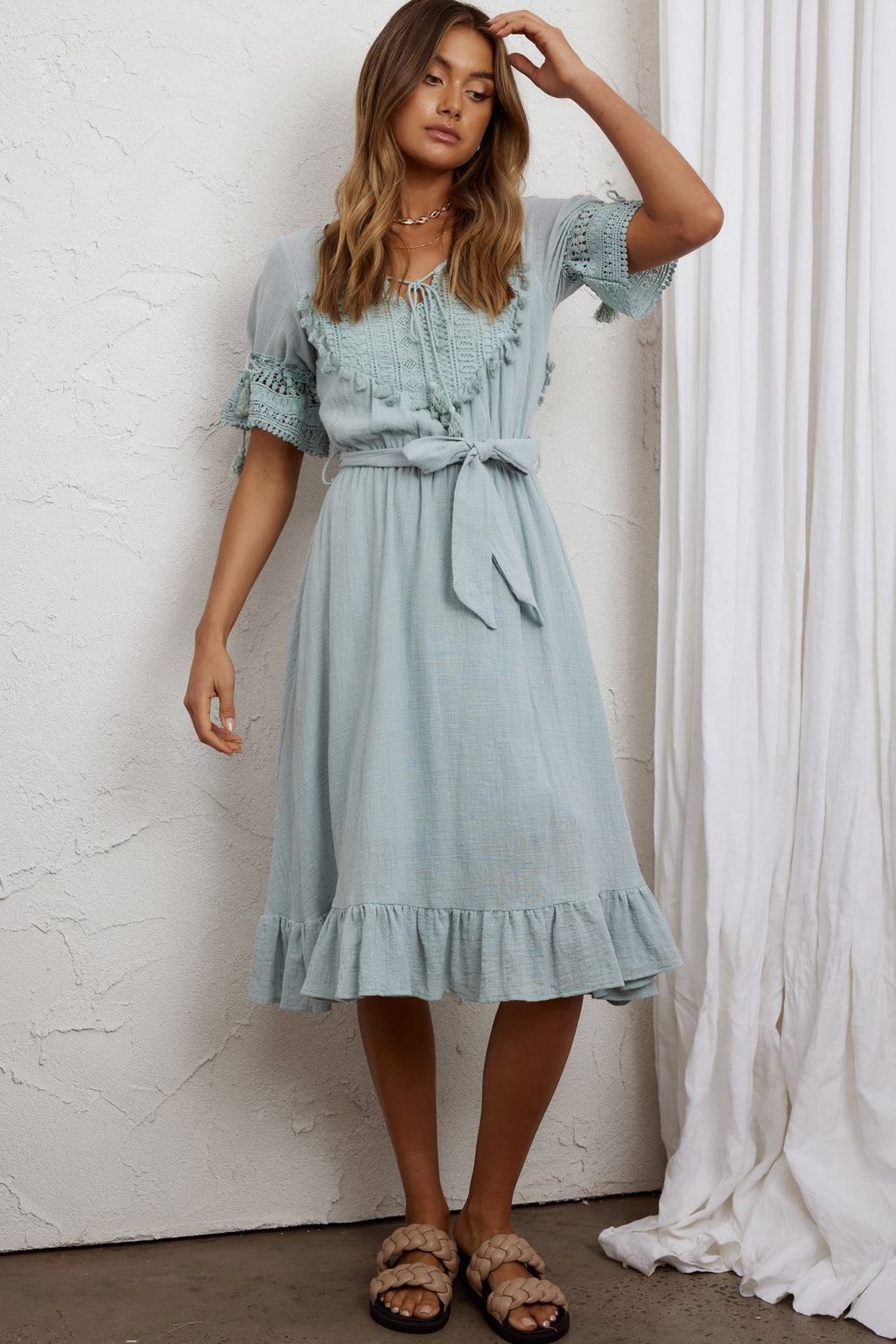Jada Short Sleeve Crochet Tassel Midi Dress Sage by Selfie Leslie