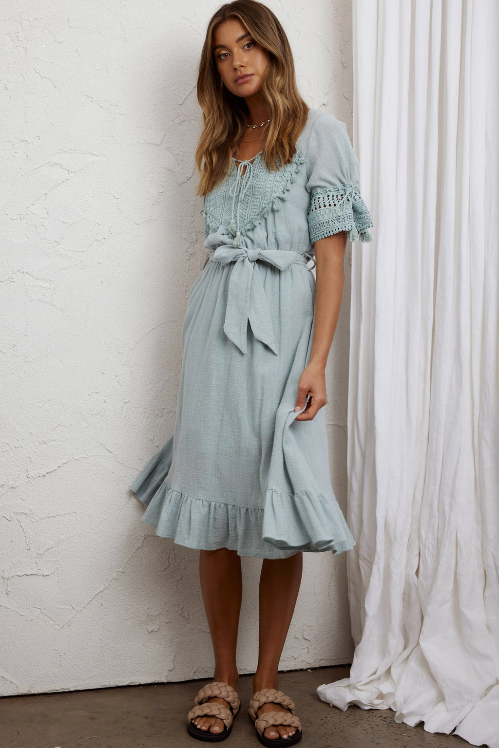 Jada Short Sleeve Crochet Tassel Midi Dress Sage by Selfie Leslie