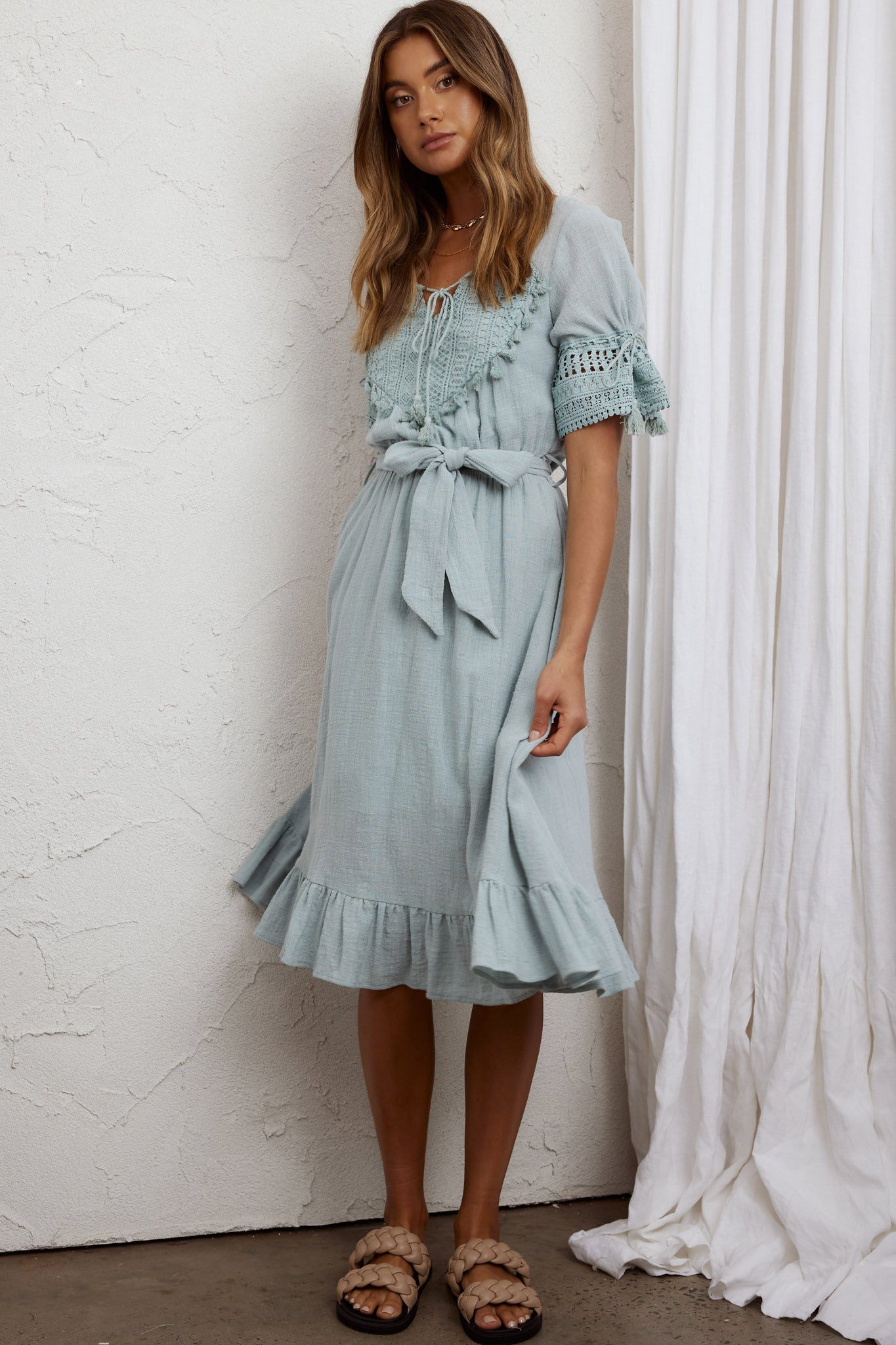 Jada Short Sleeve Crochet Tassel Midi Dress Sage by Selfie Leslie