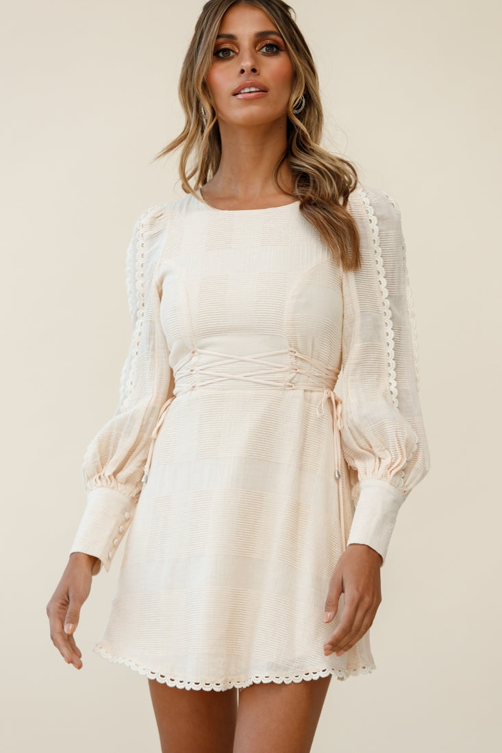 Harley Long Cuffed Sleeve Corset Detail Dress Beige by Selfie Leslie