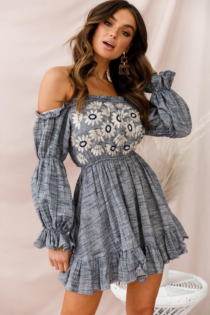 Kayla Off-Shoulder Daisy Embroidered Dress Blue by Selfie Leslie