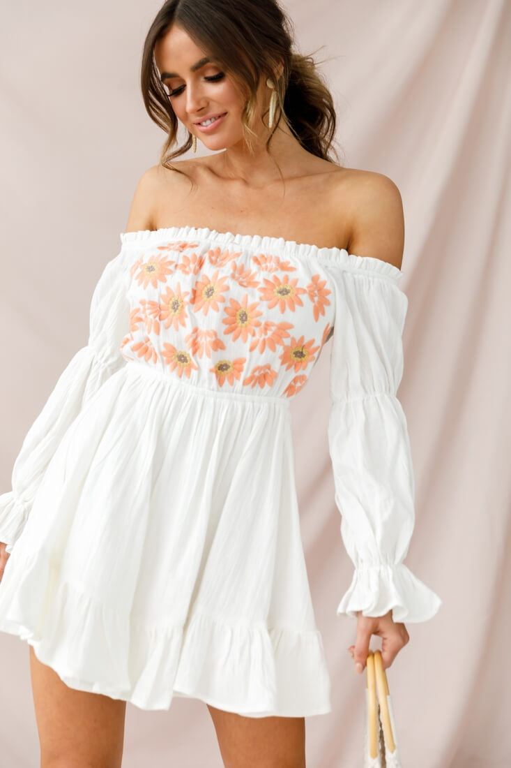 Kayla Off-Shoulder Daisy Embroidered Dress White by Selfie Leslie