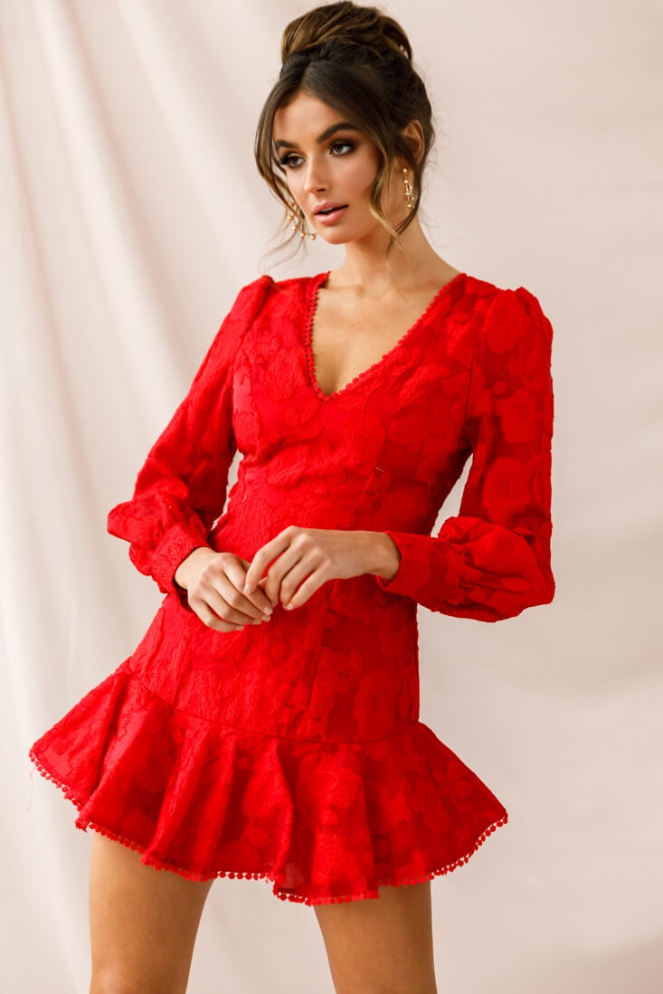Camellia Open Back Cuff Sleeve Dress Red by Selfie Leslie