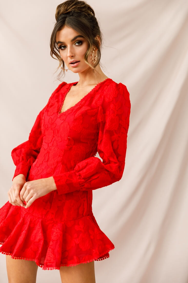 Camellia Open Back Cuff Sleeve Dress Red by Selfie Leslie