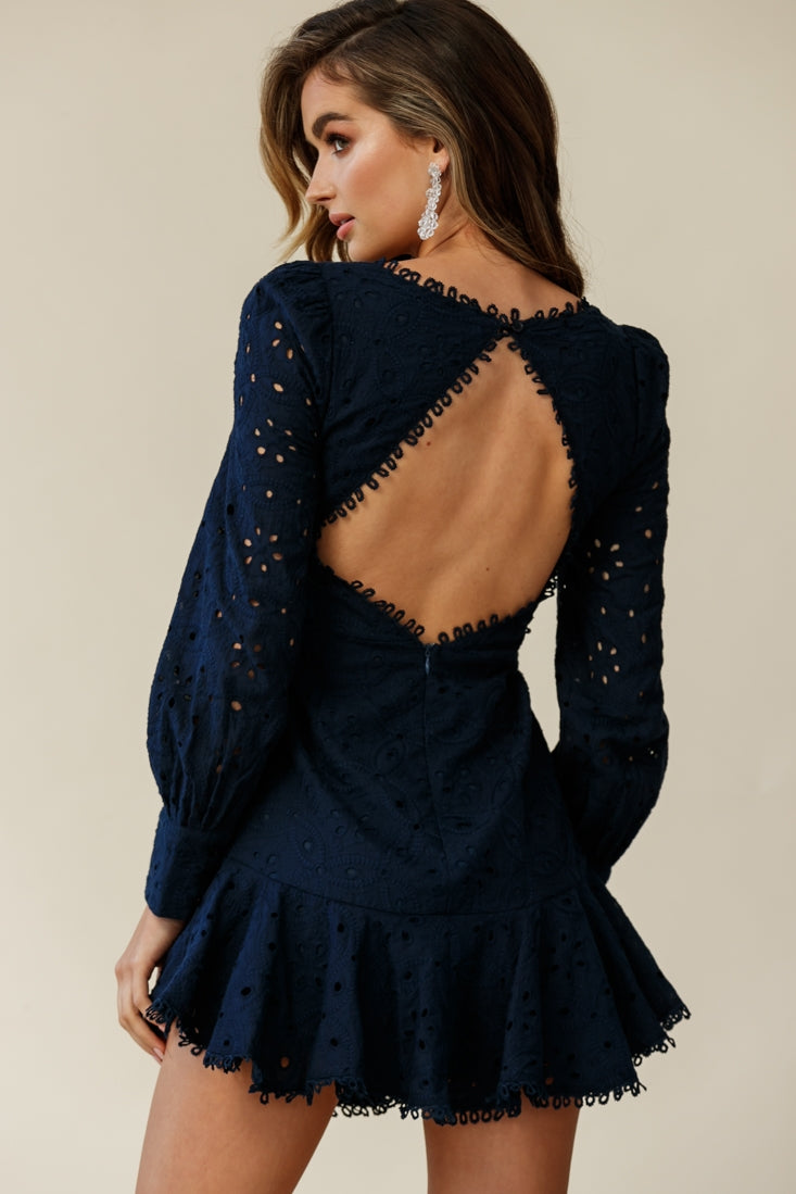 Camellia Open Back Cuff Sleeve Dress Anglaise Navy by Selfie Leslie