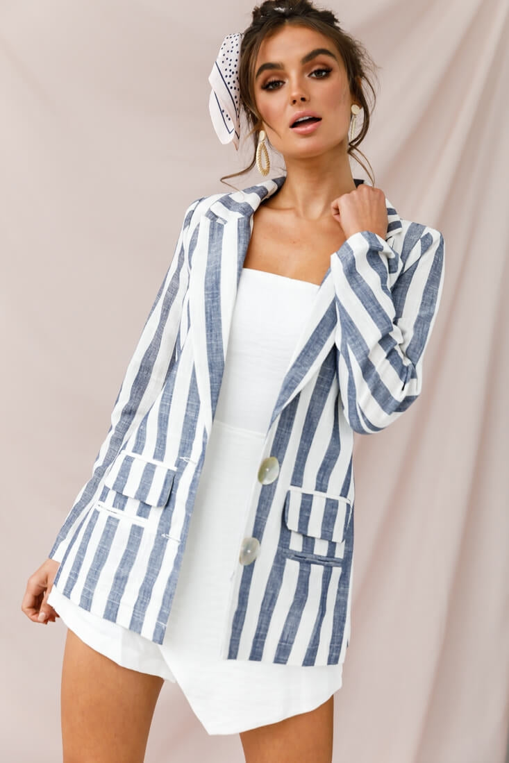 Hamptons Striped Notched Lapel Jacket Blue by Selfie Leslie