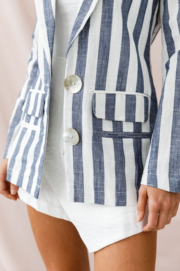 Hamptons Striped Notched Lapel Jacket Blue by Selfie Leslie