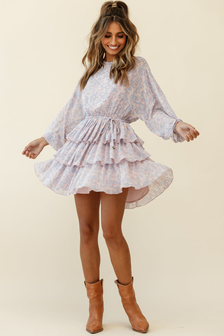 Odessa Long Sleeve Layered Ruffle Dress Floral Print Blue