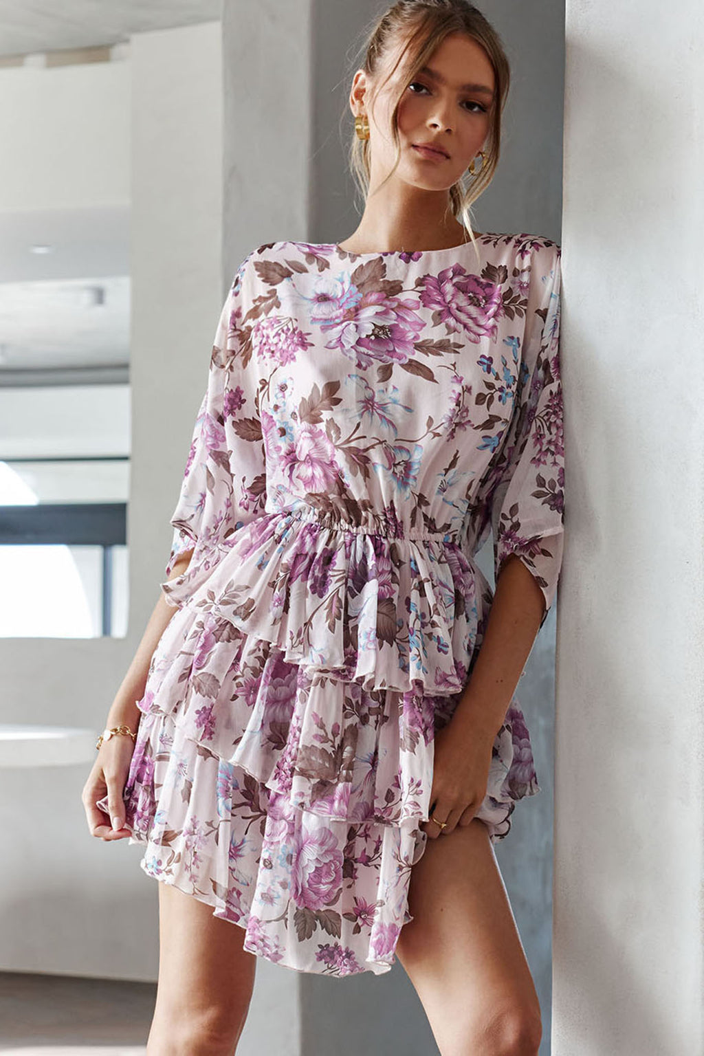Odessa Long Sleeve Layered Ruffle Dress Rose Print Beige by Selfie Leslie