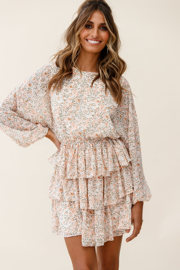 Odessa Long Sleeve Layered Ruffle Dress Floral Print Nude by Selfie Leslie