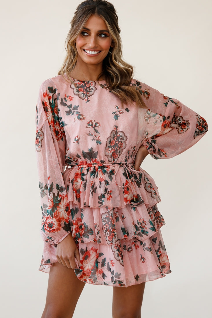 Odessa Long Sleeve Layered Ruffle Dress Floral Print Pink by Selfie Leslie