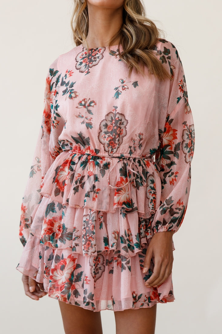 Odessa Long Sleeve Layered Ruffle Dress Floral Print Pink by Selfie Leslie