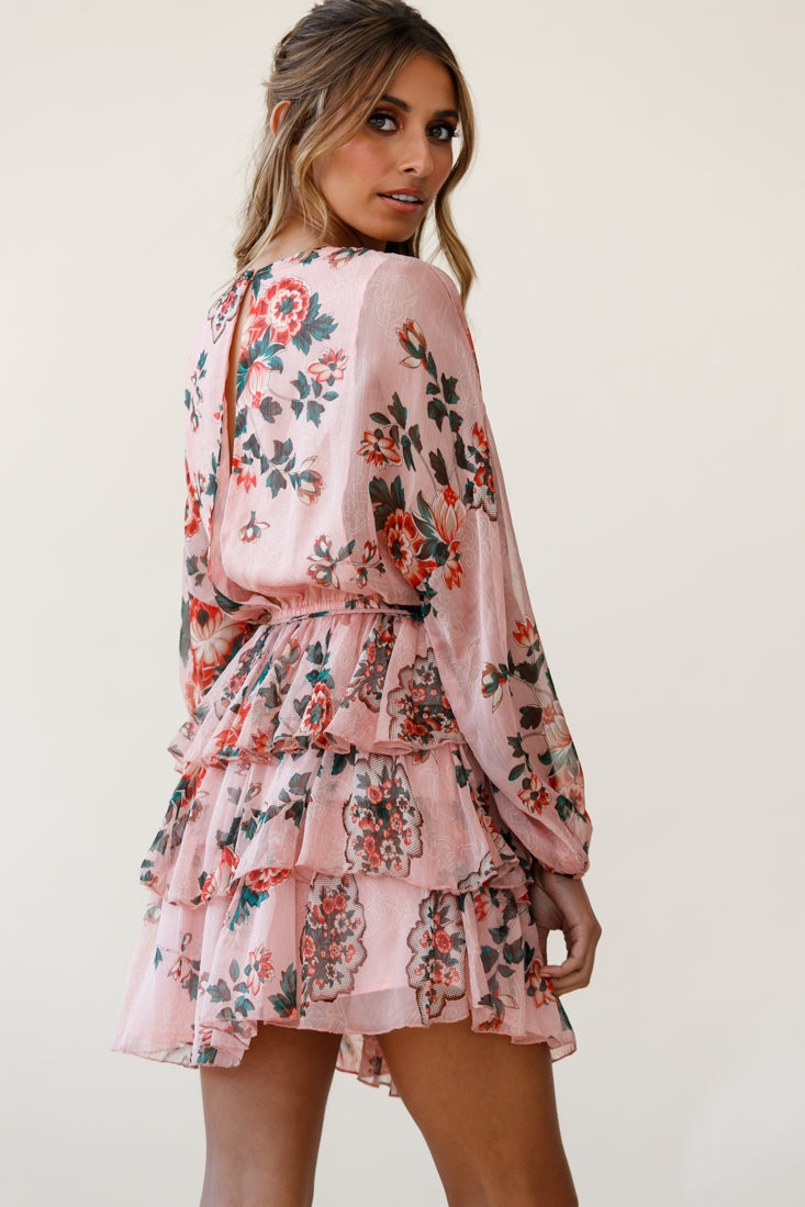 Odessa Long Sleeve Layered Ruffle Dress Floral Print Pink by Selfie Leslie