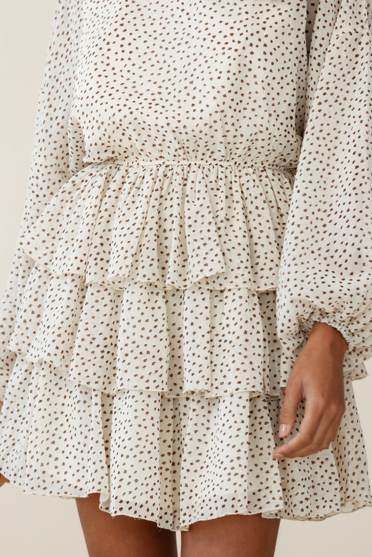 Odessa Long Sleeve Layered Ruffle Dress Speckle Print Beige by Selfie Leslie