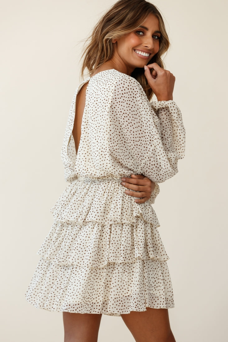 Odessa Long Sleeve Layered Ruffle Dress Speckle Print Beige by Selfie Leslie
