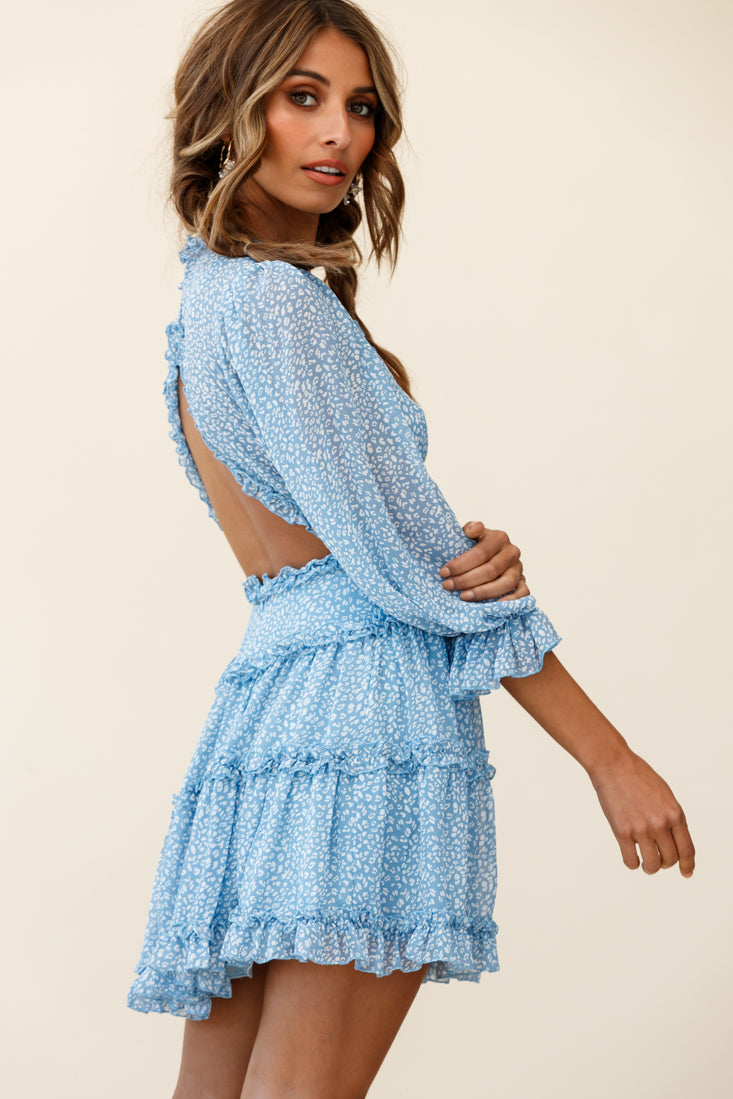 Laney Cutout Back Balloon Sleeve Dress Speckle Print Blue by Selfie Leslie