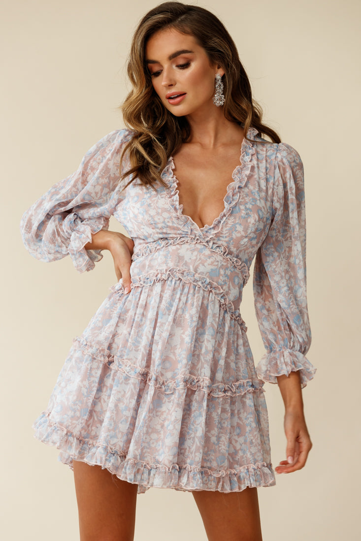 Laney Cutout Back Ruffle Trim Dress Floral Print Pink/Blue by Selfie Leslie