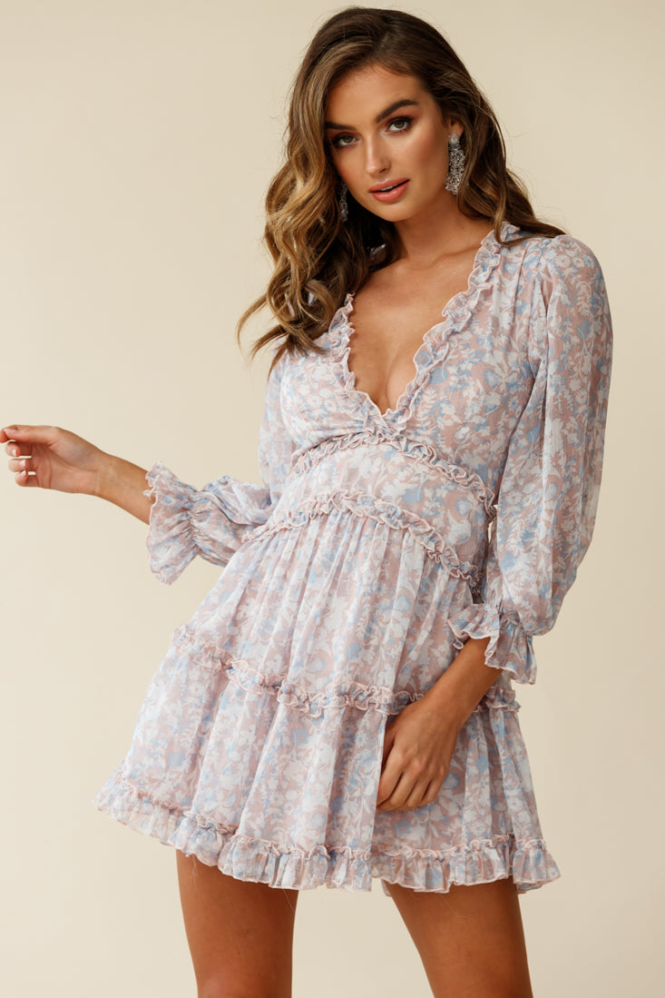 Laney Cutout Back Ruffle Trim Dress Floral Print Pink/Blue by Selfie Leslie