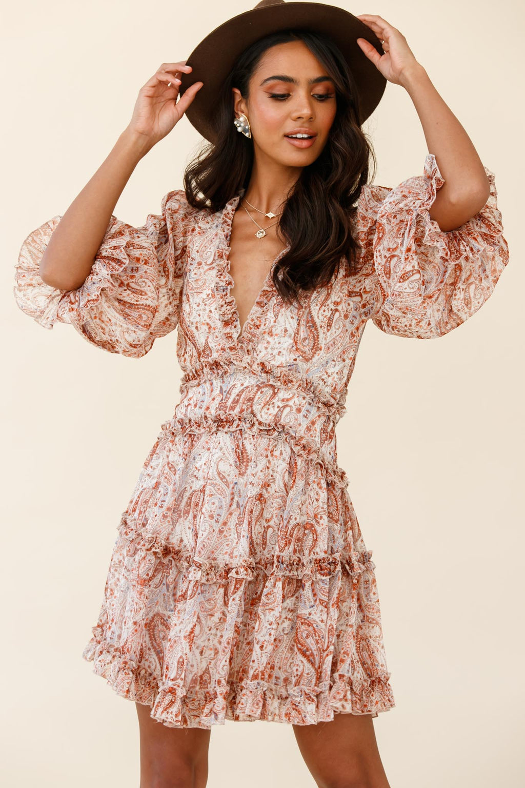 Laney Cutout Back Ruffle Trim Dress Paisley Print Rust by Selfie Leslie