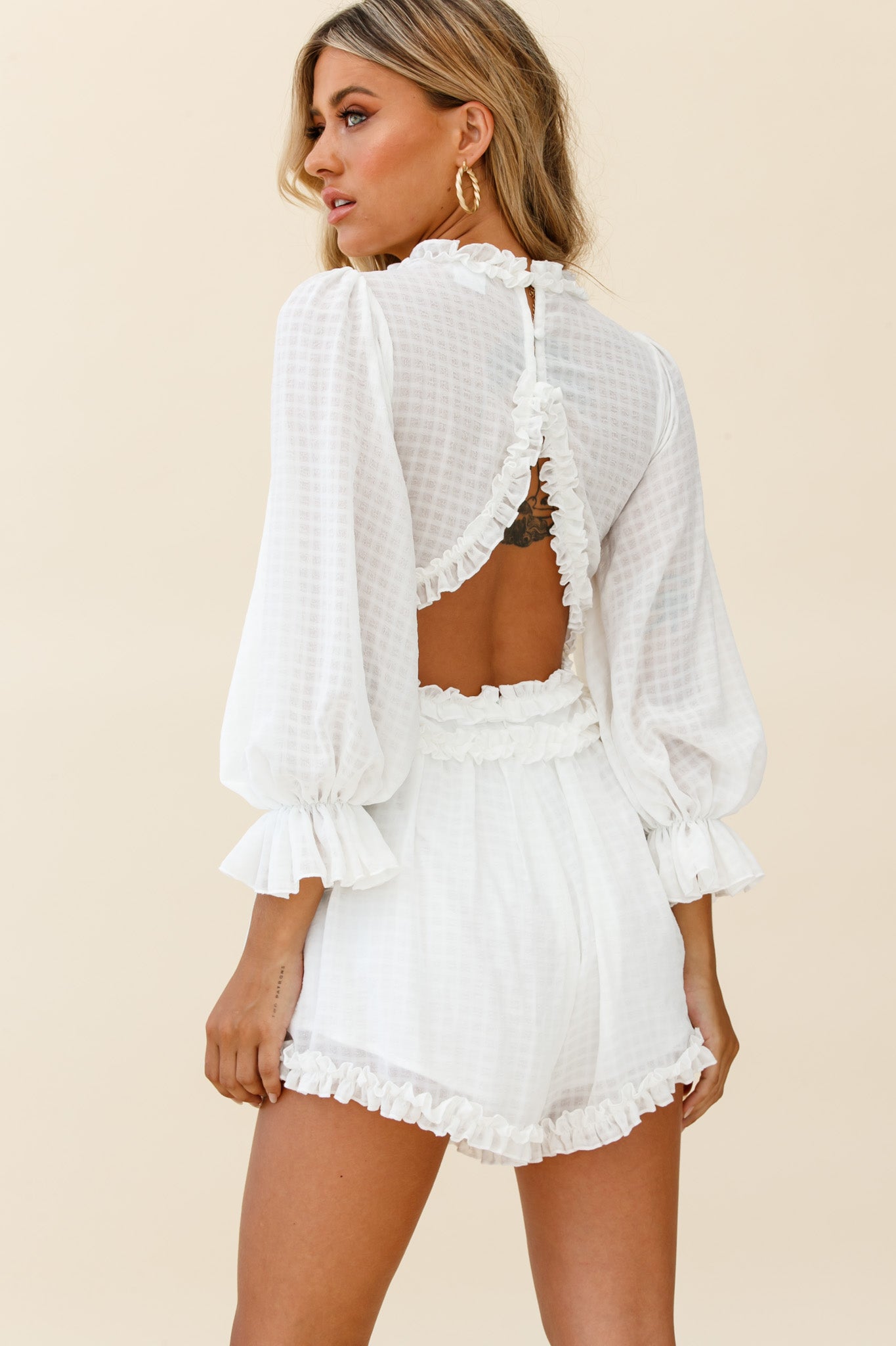 Laney Long Sleeve Frill Trim Romper White by Selfie Leslie