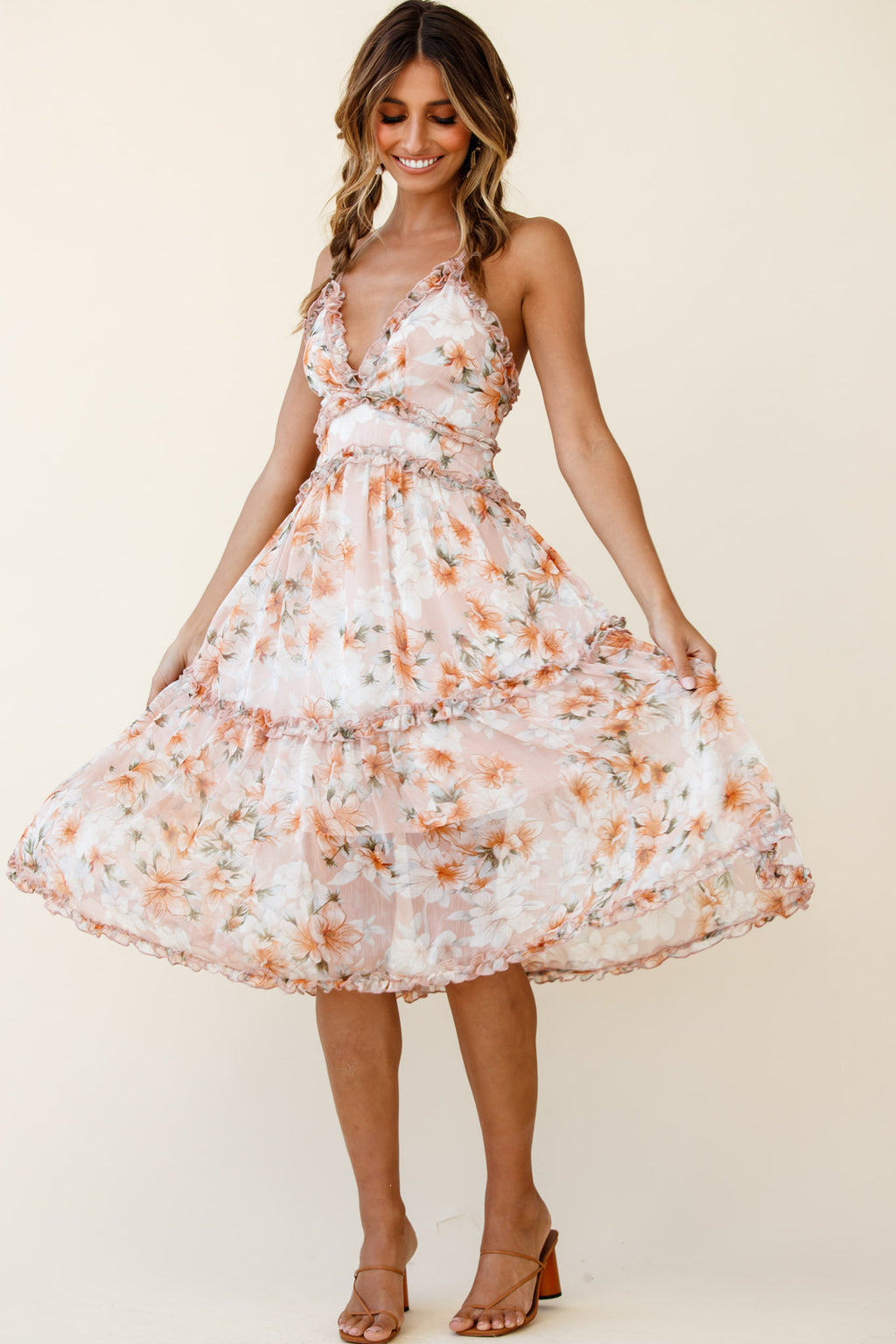 Laney Low Back Cami Strap Midi Dress Hibiscus Print Nude by Selfie Leslie