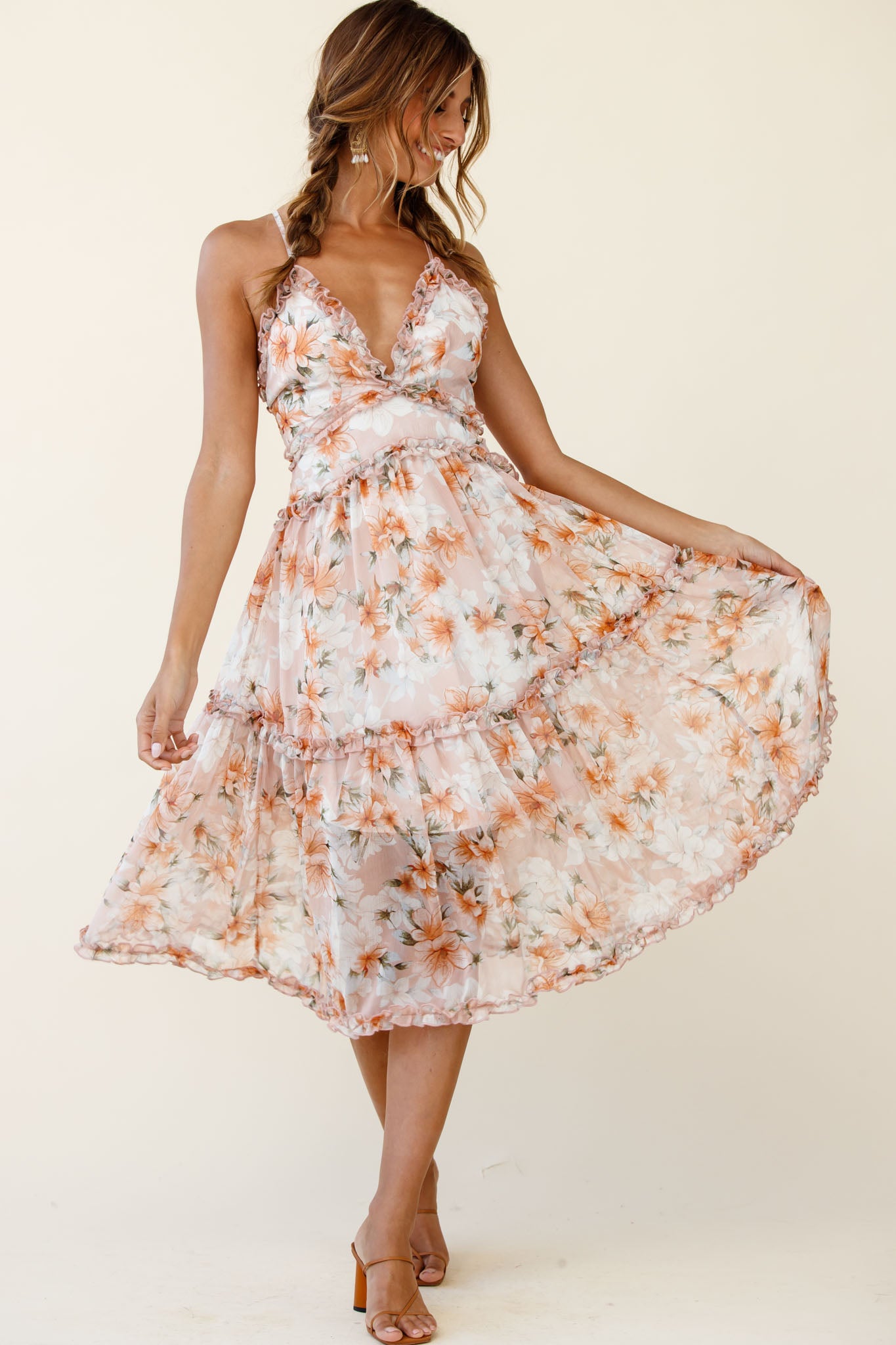 Laney Low Back Cami Strap Midi Dress Hibiscus Print Nude by Selfie Leslie
