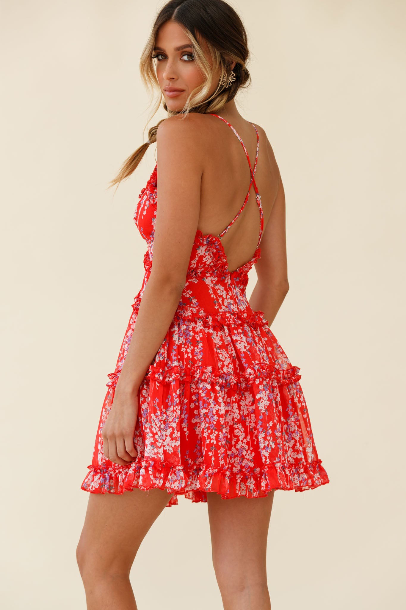 Laney Low Back Cami Strap Dress Floral Vine Print Red by Selfie Leslie