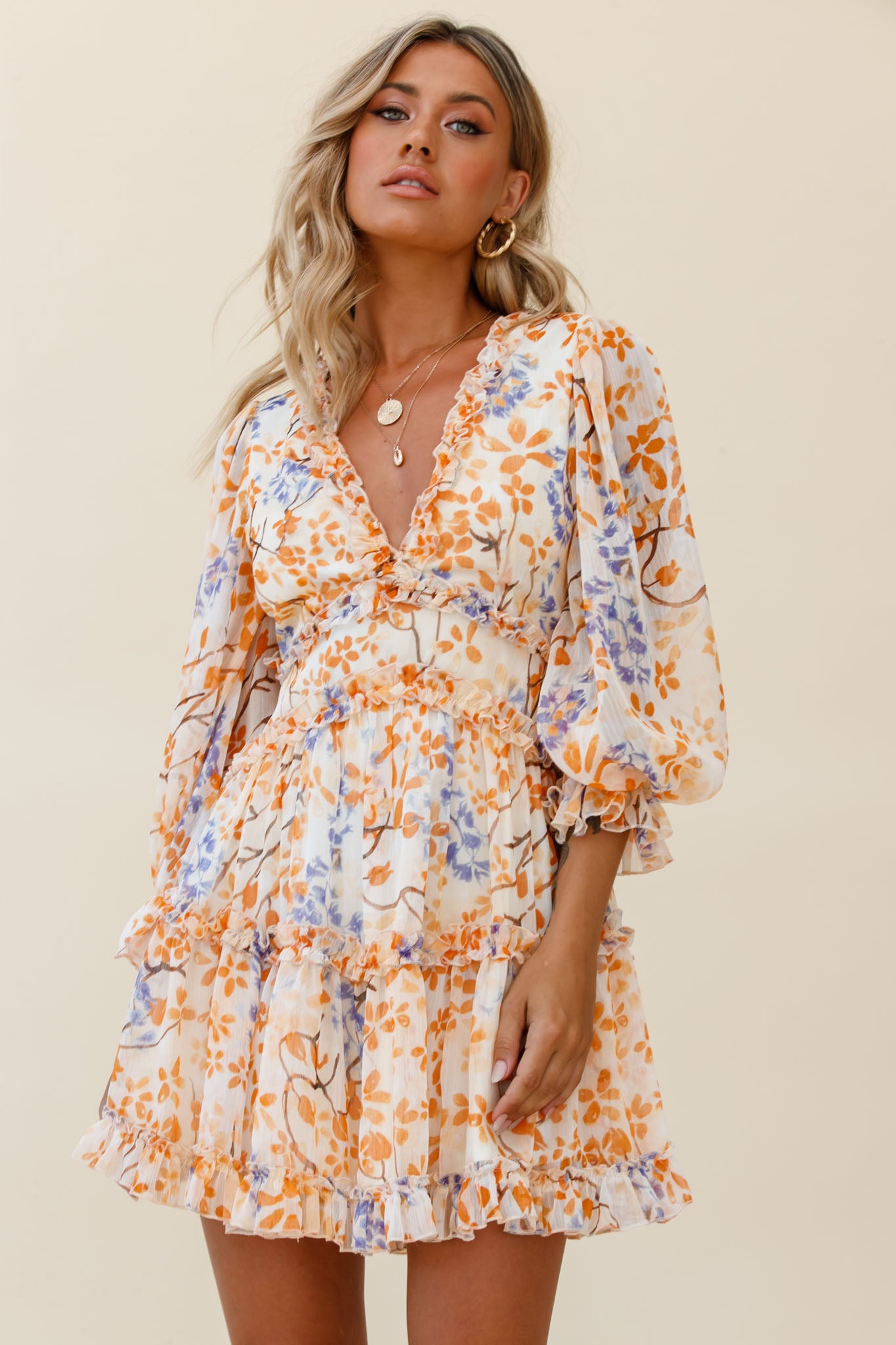 Laney Cutout Back Frill Trim Dress Floral Pattern Orange by Selfie Leslie
