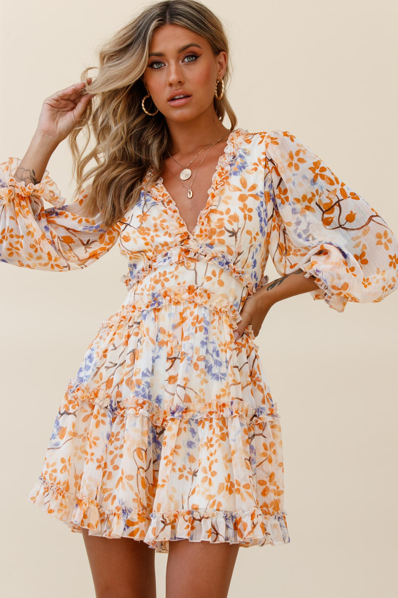 Laney Cutout Back Frill Trim Dress Floral Pattern Orange by Selfie Leslie