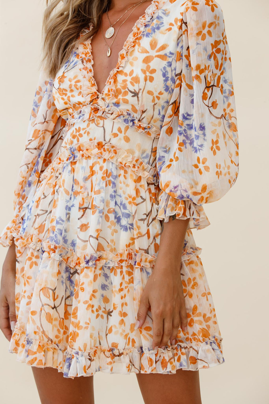 Laney Cutout Back Frill Trim Dress Floral Pattern Orange by Selfie Leslie