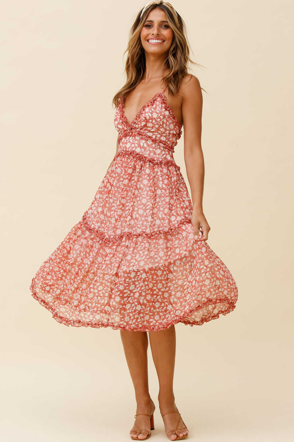 Laney Low Back Cami Strap Midi Dress Floral Print Rose by Selfie Leslie
