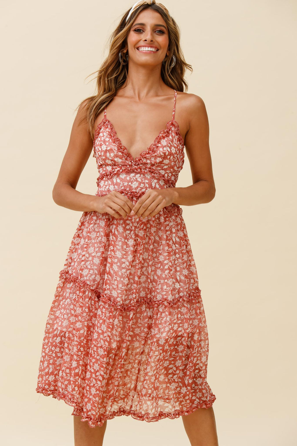 Laney Low Back Cami Strap Midi Dress Floral Print Rose by Selfie Leslie