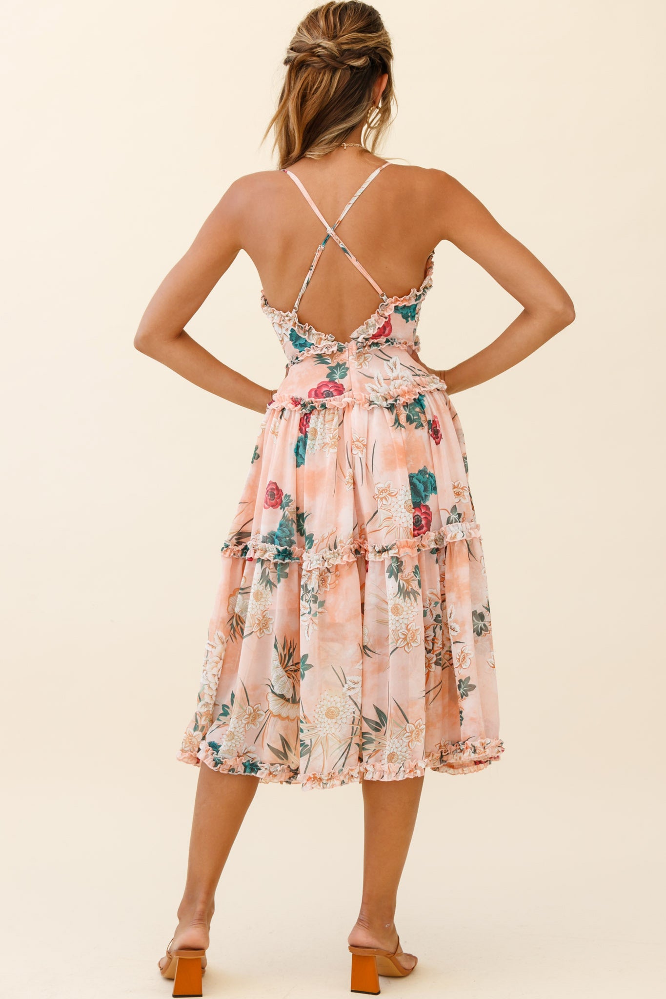 Laney Low Back Cami Strap Midi Dress Botanical Print Orange by Selfie Leslie